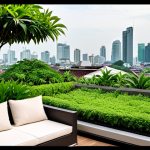 **A lush rooftop garden oasis in Bangkok. Tropical plants thrive alongside comfortable seating, with the city skyline visible in the background. Capture a serene, relaxing atmosphere.**