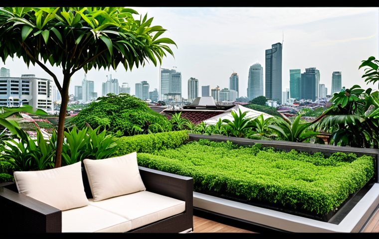 **A lush rooftop garden oasis in Bangkok. Tropical plants thrive alongside comfortable seating, with the city skyline visible in the background. Capture a serene, relaxing atmosphere.**