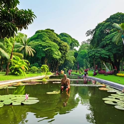 **Lush Bangkok Park:** A vibrant public park in Bangkok, Thailand, filled with lush greenery, native Thai trees, colorful flowers, and a serene pond. People are relaxing, exercising, and enjoying the natural surroundings. Capture the essence of an urban oasis promoting well-being and biodiversity.