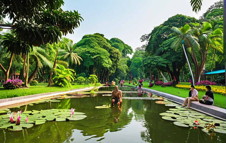 **Lush Bangkok Park:** A vibrant public park in Bangkok, Thailand, filled with lush greenery, native Thai trees, colorful flowers, and a serene pond. People are relaxing, exercising, and enjoying the natural surroundings. Capture the essence of an urban oasis promoting well-being and biodiversity.