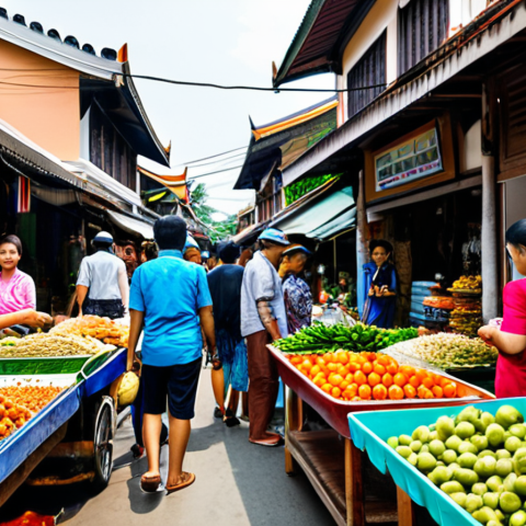 Vibrant Thai Street Market**
"A bustling Thai street market, filled with vendors selling colorful goods and delicious street food, fully clothed shoppers browsing stalls, safe for work, appropriate content, professional, perfect anatomy, correct proportions, natural pose, well-formed hands, proper finger count, natural body proportions, daytime, bright lighting, shallow depth of field, high-quality photography, modest clothing, family-friendly, traditional Thai architecture in the background, happy atmosphere."
**