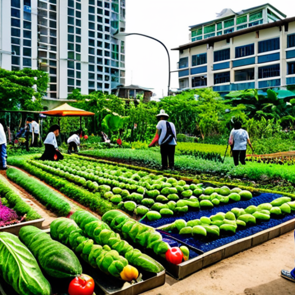 생태적 도시재생의 참여형 거버넌스 모델 - **Prompt:** A vibrant community garden in Bangkok, Thailand, filled with local residents of all ages...