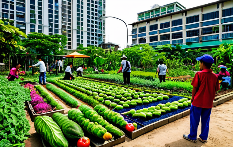 생태적 도시재생의 참여형 거버넌스 모델 - **Prompt:** A vibrant community garden in Bangkok, Thailand, filled with local residents of all ages...