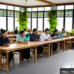 Home 19 소규모 생태적 도시재생 프로젝트의 성공 사례 - A vibrant community workshop scene in a small Thai town, featuring diverse local people including el...