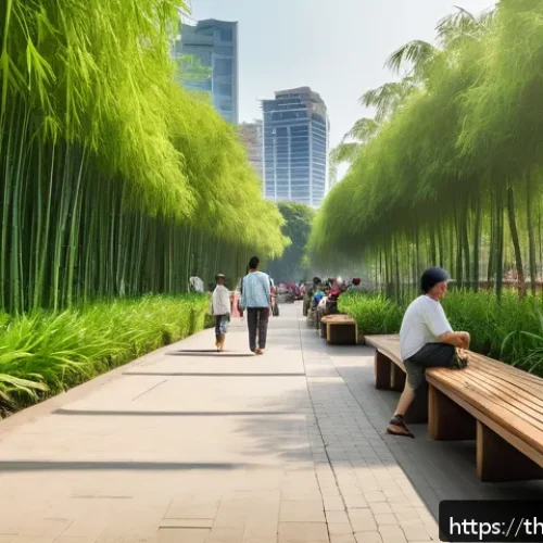 Home 30 도시재생을 위한 생태적 조경 설계 - A vibrant urban park scene in Bangkok featuring lush green bamboo groves and native plants such as l...