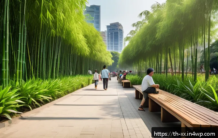 도시재생을 위한 생태적 조경 설계 - A vibrant urban park scene in Bangkok featuring lush green bamboo groves and native plants such as l...