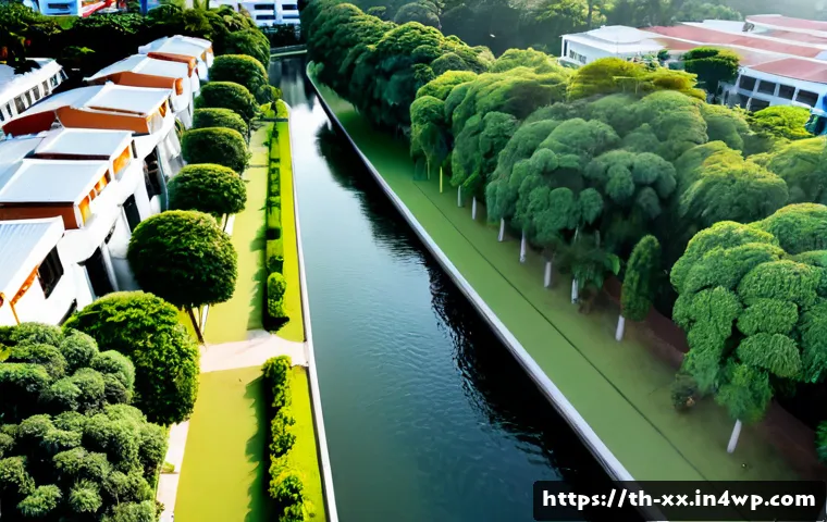 Home 17 녹색 인프라와 도시재생의 결합 방안 - Photorealistic aerial view of a revitalized Bangkok neighborhood integrating green infrastructure, a...